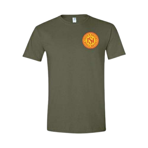 Nick’s Sauce Small-Batch Logo T-Shirt – Military Green with Red & Gold Emblem