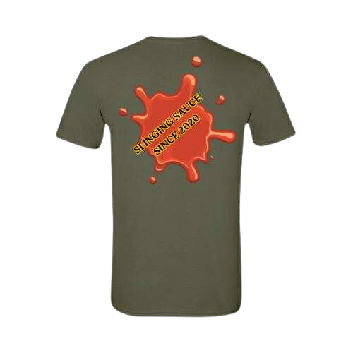 Nick’s Sauce Small-Batch Logo T-Shirt – Military Green with Red & Gold Emblem