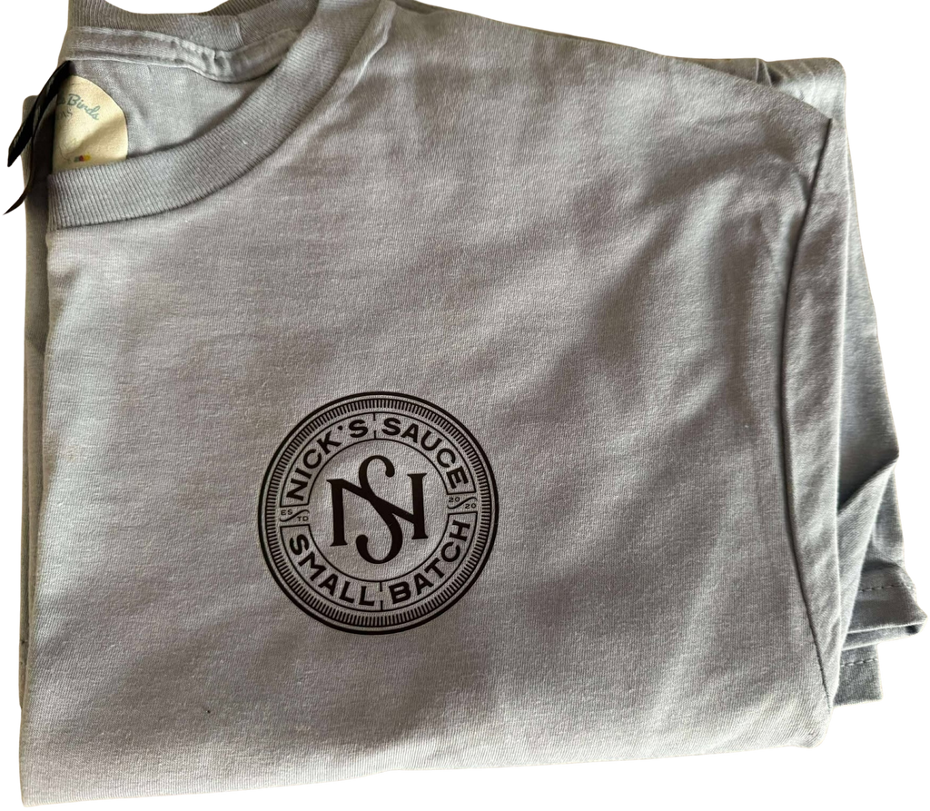 Nick’s Sauce Small-Batch Logo T-Shirt – Stone Blue with Black Emblem