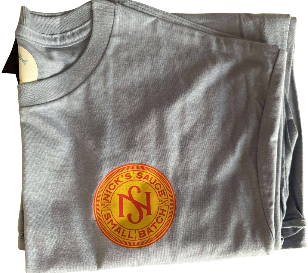 Nick’s Sauce Small-Batch Logo T-Shirt - Stone Blue with Color Emblem