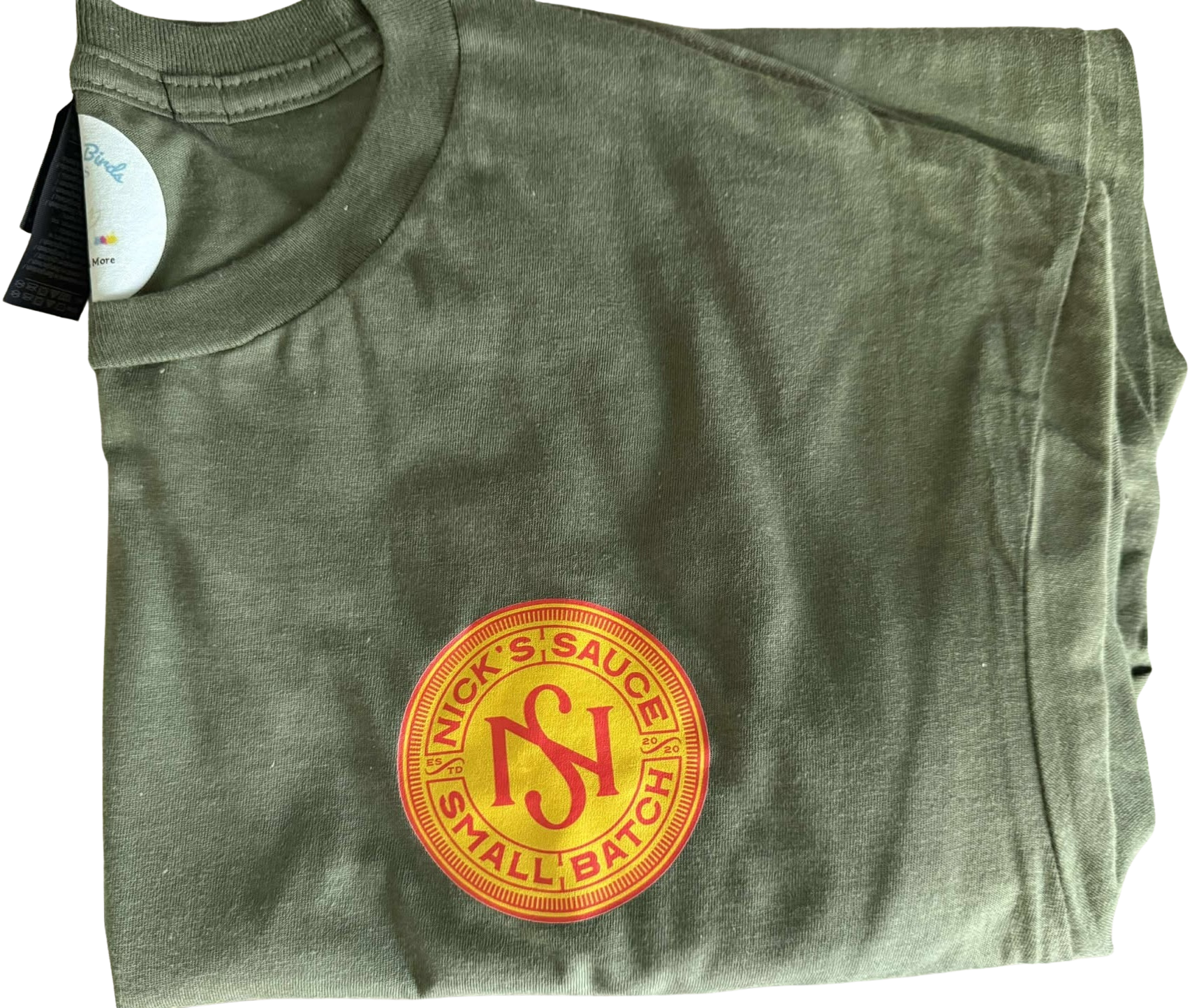 Nick’s Sauce Small-Batch Logo T-Shirt – Military Green with Red & Gold Emblem